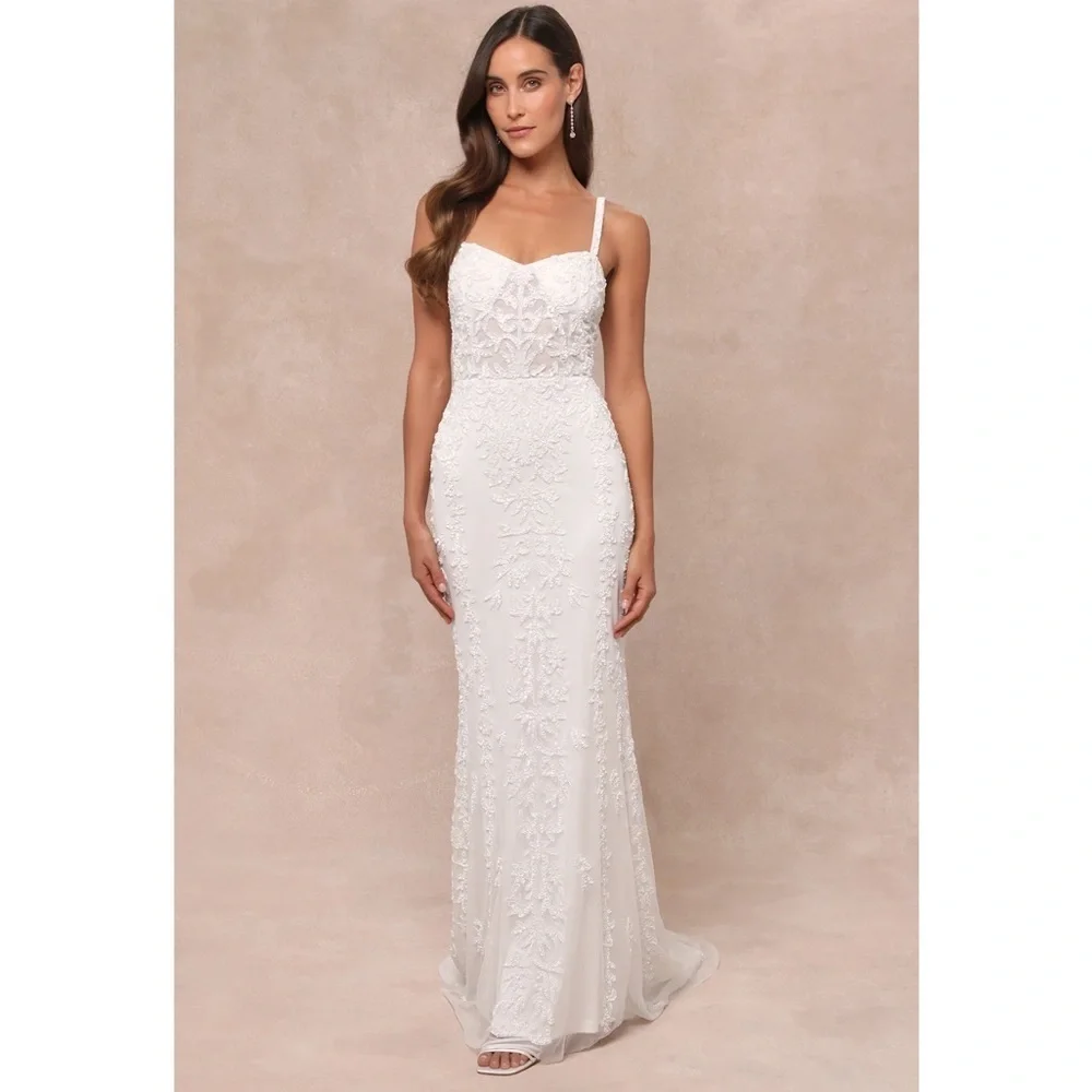 NWT Lulu’s Momentous Love Beaded Bustier Mesh Mermaid Maxi Wedding Dress Large